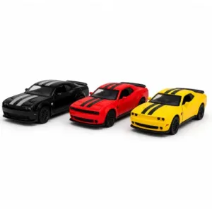 Dodge Challenger Hellcat Die-Cast Model Car (Red, Yellow & Black) – 1:32 Scale Metal Toy Car with LED Lights, Engine Sound & Opening Doors